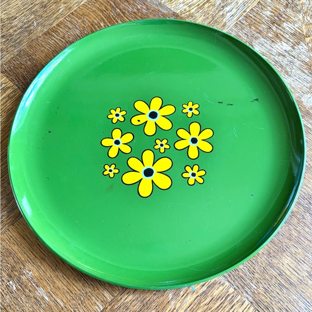 Vintage Melamine Flower Power Serving Tray Green With Yellow Flowers